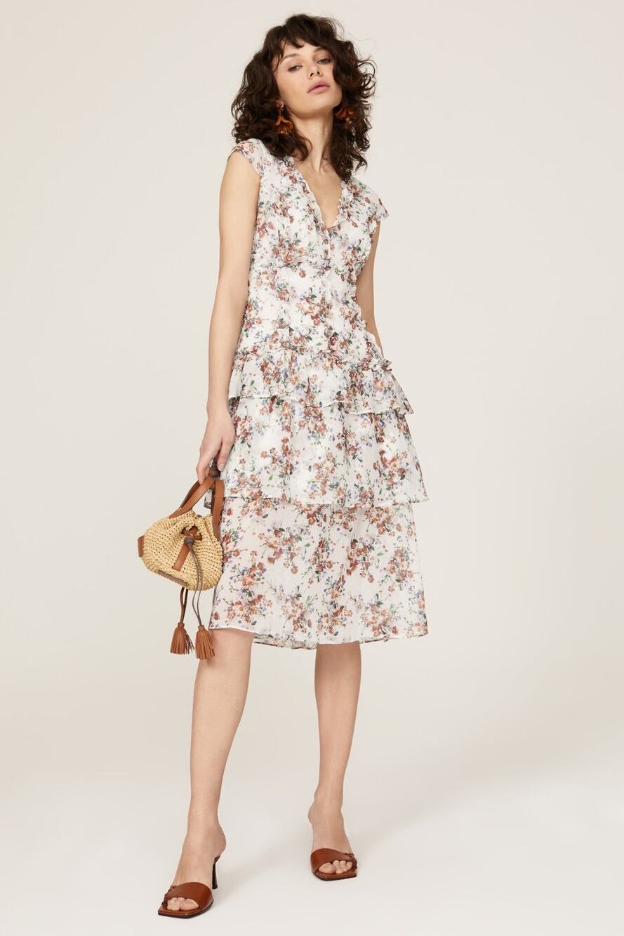 MARISSA WEBB Women's White Floral Ruffles Hourglass V-Neck Midi Dress Size 0